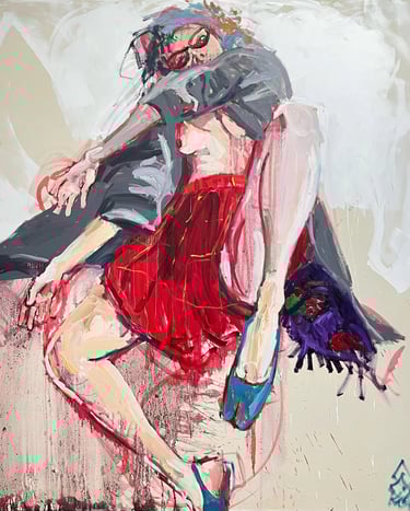 a painting of a woman in a red dress