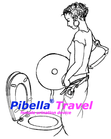 Woman standing over toilet with Pibella Travel FUD.