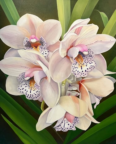 Christine Knize, Pink Cymbidium, 60"x72", Oil on Canvas, Luxury Botanical Art Miami