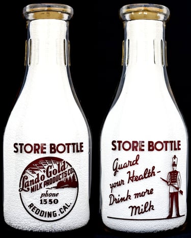 Land O' Gold Milk Bottle, Redding California Milk bottle for sale.
