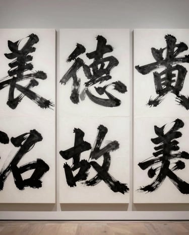Photography of a monumental triptych of canvases showcasing bold black and grey calligraphy strokes on a stark white textured background, presented in a luxury museum setting.