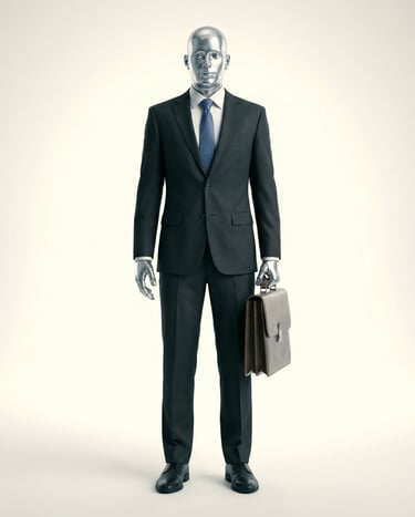 Silver robot mannequin wearing a formal charcoal suit and blue tie holding a leather briefcase.
