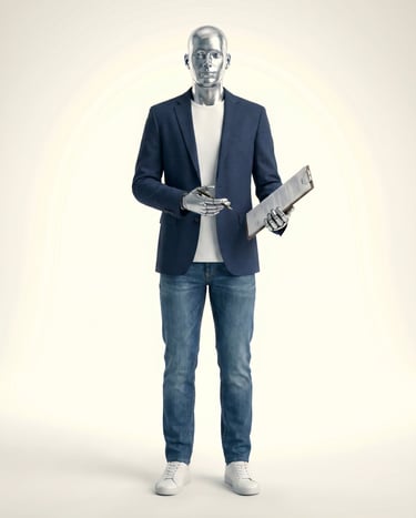 A silver humanoid robot wearing a blue blazer and jeans holding a clipboard and pen for AI business automation.