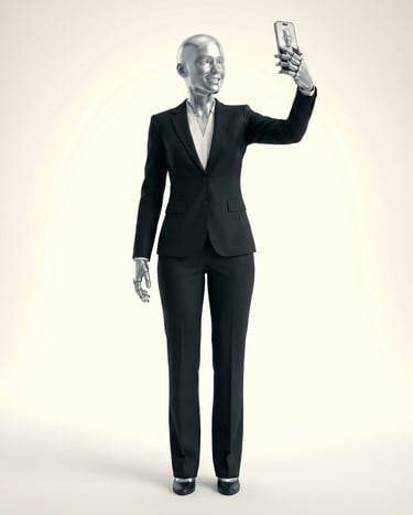 A silver female robot wearing a black business suit taking a selfie with a smartphone.