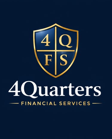 The logo for 4Quarters Financial Services, depicting a shield with 4 quarters on it, in a gold trim.