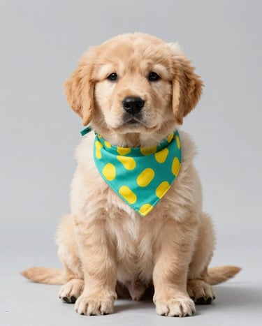 perro de color crema con bufanda de colores verde y amarillo