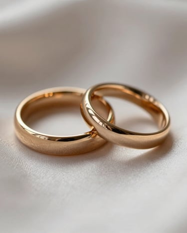 Detailed close-up of two elegant gold wedding bands on a minimalist silk background, natural soft lighting, European / Spanish style, muted brown and off-white color palette.