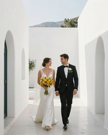 Wedding couple walking through a minimalist white-walled garden in Bodrum, Middle Eastern / Turkish style. The shot is clean and modern, highlighting the contrast between the white architecture and the mustard yellow bouquet. High resolution, professional photography.