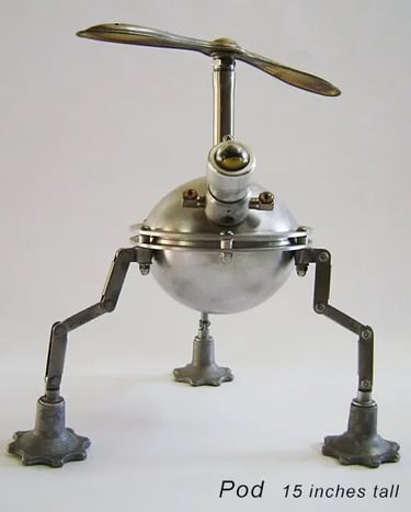 Assemblage spaceship sculpture named Pod by Santa Barbara artist Tal Avitzur.