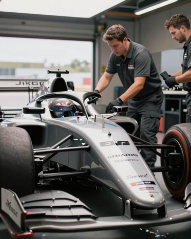 A cinematic shot of a racing garage in the North American / US circuit. Soft light hits the sleek nose of a formula car, with mechanics in dark gray uniforms working in the background. Sophisticated, technical atmosphere.