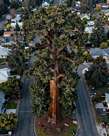 Cinematic drone photography of a colossal Giant Sequoia rising above a suburban street in Eugene, Oregon. The aerial perspective shows the immense scale of the tree compared to the houses. North American / US Pacific Northwest setting with a palette of deep slate and pale greens.