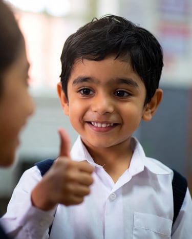 Asian boy with selective mutism gives thumbs up to adult and smiles