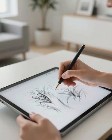 A detailed shot of a designer's hands sketching on a tablet in a bright, airy North American studio, minimalist furniture, pale grey and off white color scheme, professional focus.