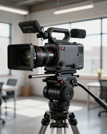 A sleek close-up of a professional cinema camera on a tripod inside a minimalist South American industrial office space. Natural light coming through large windows, sharp technical detail, professional corporate production mood.