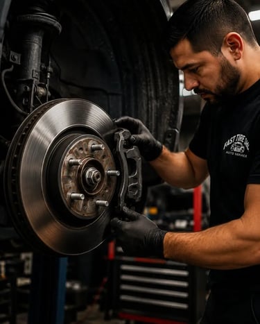 Professional brake repair service at Fast Tire Shop featuring brake pad replacement, rotor service, 