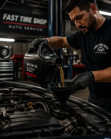 Professional oil change service at Fast Tire Shop featuring full synthetic motor oil replacement,