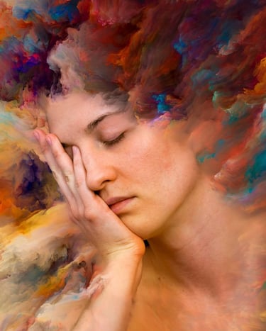 Muher segurando o próprio rosto sobre um fundo abstrato.