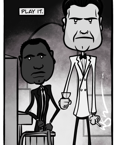 Black-and-white cartoon scene from Casablanca. Rick stands with a drink while Sam sits at the piano