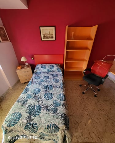 Cama y estantería de la habitación