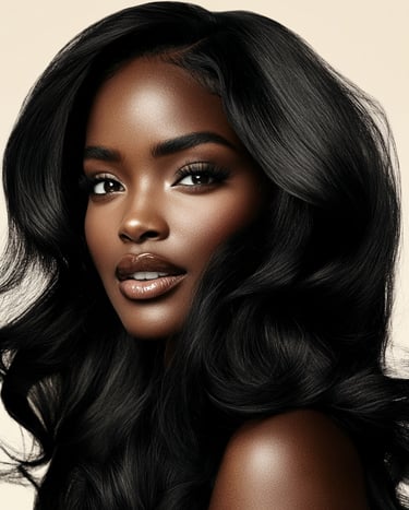 A beautiful woman looking over her shoulder, with long, black, luxurious hair.