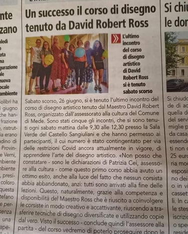 Italian newspaper article about Davide Robert Ross featuring a group photo of students.