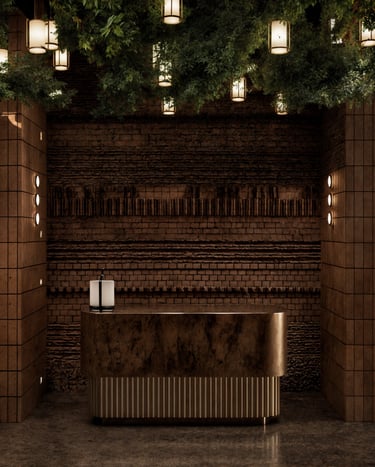 Upscale restaurant reception Dubai featuring elegant brass details