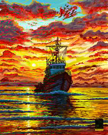 landscape painting  of sun rise with sailing boat  made using photoshop