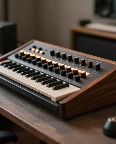 A professional photograph of a vintage analog synthesizer's wooden side panel and glowing knobs in a dimly lit, atmospheric studio space. Warm grey and taupe tones dominate the curated composition. International / Western setting.