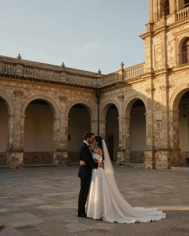 Cinematic wide shot of a couple embracing in a historic Spanish courtyard at sunset, warm gold light catching the textures of the stone, elegant wedding attire.