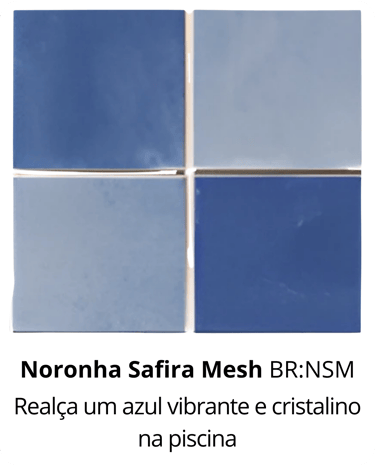 Revestimento cerâmico Noronha Safira da Sul Piscinas em Gravataí, realça um azul vibrante e cristali