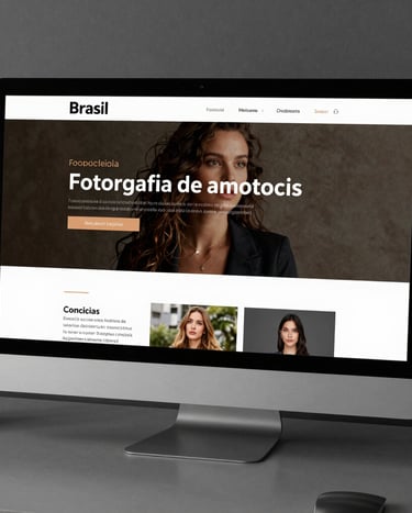 Fotografia de um mockup de site minimalista em um monitor elegante, focado em linhas puras e tipografia refinada, fundo cinza escuro profissional, ambiente corporativo criativo no Brasil.