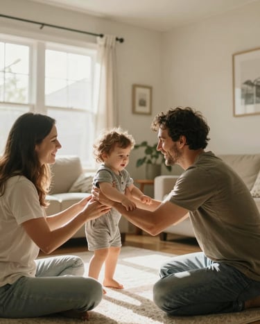 Authentic candid moment of parents playing with their toddler in a bright North American living room, sun-drenched Soft Sand walls, cinematic lighting, heartfelt interaction.