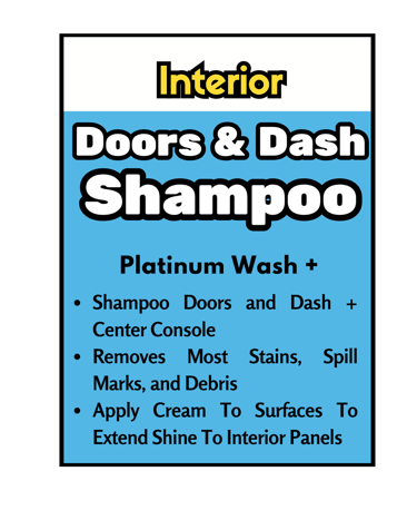 Shampoos doors, dash, console, removes stains, applies cream for shine