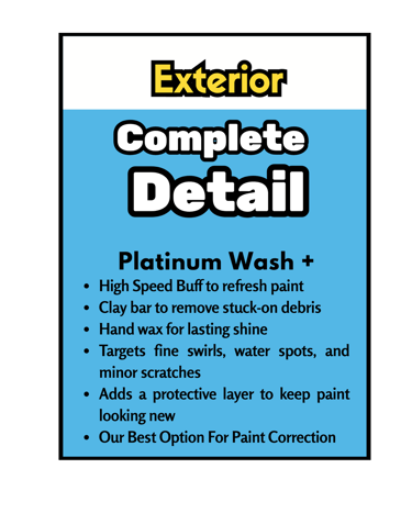 High-speed buff, clay bar, hand wax, targets swirls/scratches, paint correction