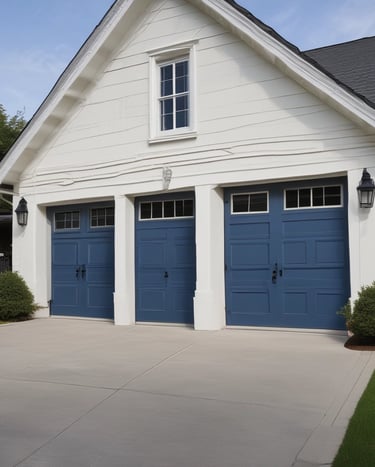 Technician fixing a garage door spring with tools on a sunny day.