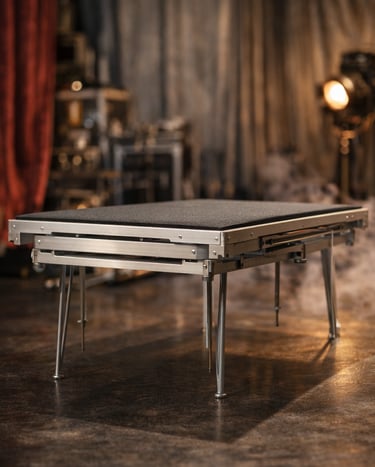 Professional portable stage platform with adjustable aluminum legs on a theater set with stage lighting.