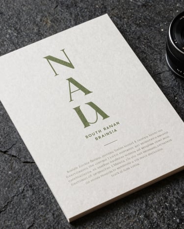 Photography of a premium branding project for a boutique hotel, featuring printed stationery on heavy textured paper with olive green typography, placed on a dark stone surface, South American / Brazilian style.