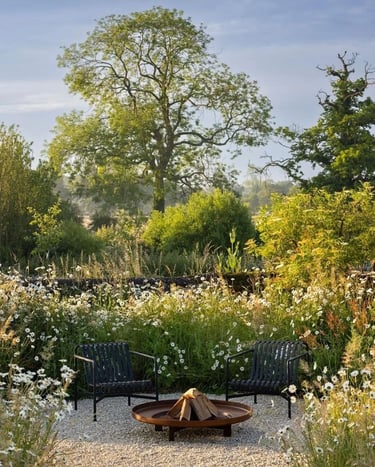 Naturalistic garden with mature trees, soft planting, outdoor chairs and a fire bowl, showing how ti