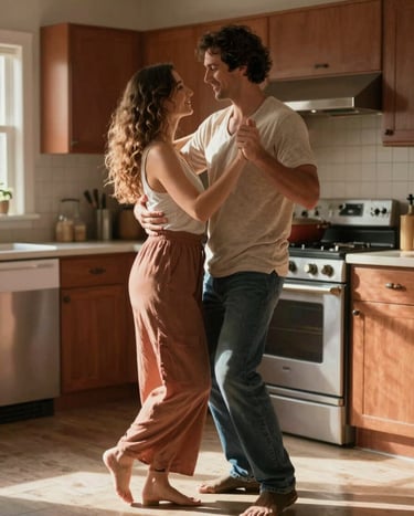 A joyful North American / US couple dancing in a sun-lit kitchen. The mood is intimate and authentic. Cinematic composition with highlights reflecting Soft Sand and Terracotta.