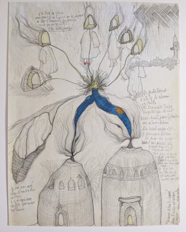 karine-nguyen-van-tham-la nonne de tous les chemins, dessin sur papier huilé, étoile et ancêtres