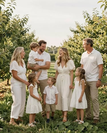 A wide photography shot of a family laughing and playing in a lush green orchard in West Michigan. Bright and airy composition with warm creamy white and pale olive colors, capturing a joyous and sophisticated moment.
