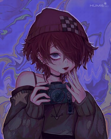 Smug girl wearing beanie and many piercing, holds a camera and smiles softy. Weird liquid purple bg.