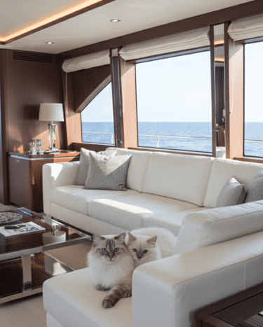 Gatti Sacri di Birmania sul divano di uno Yacht.