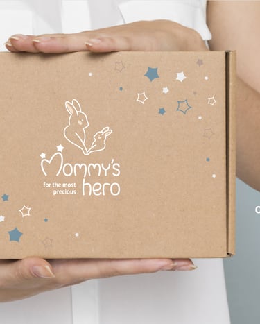 Cute and gentle Logo and Brand Identity for baby store Mommy's Hero, packaging box