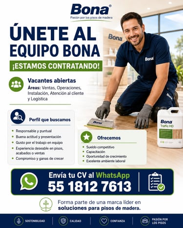 Bona hiring poster for wood flooring installation jobs featuring a professional worker and contact details.