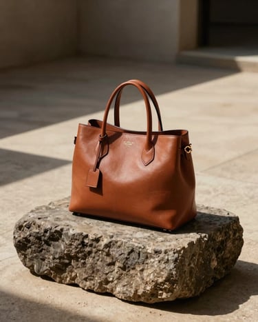 An editorial fashion photograph featuring a high-end designer bag made of refined soft terracotta-brown leather, placed on a raw stone block in a minimalist courtyard in Rio de Janeiro, Brazil. Warm, direct sunlight casting sharp poetic shadows. High-fashion magazine layout, muted sand and deep charcoal accents.