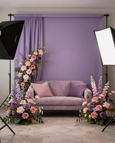 A beautifully arranged home photography studio in the Gulf, featuring elegant floral backdrops in muted purple and pink tones, professional lighting equipment, and a sophisticated atmosphere.