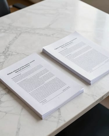 A high-end editorial photograph of printed academic papers on digital violence and the manosphere, arranged neatly on a pristine white marble desk in a Mexican / Latin American university setting. Clean shadows, soft daylight, and modern design.