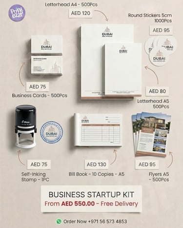 Business Starter Kit Printing UAE - AED 550.00 - Free Delivery - Business Cards, Flyers, Stickers