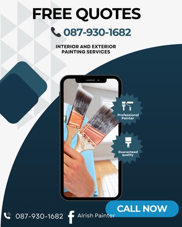Professional interior and exterior painting services advertisement featuring a hand holding paintbrushes.